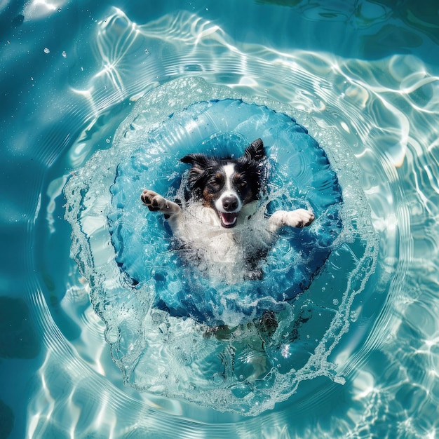 cane uscito dalla piscina che galleggia sulla vista superiore dell'anello da nuoto