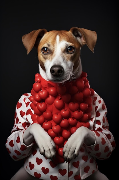 Cane vestito con un costume di cuore di San Valentino