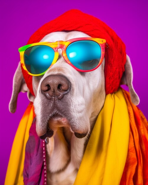 Cane vestito in modo arrabbiato che indossa occhiali da sole e una sciarpa generativa ai