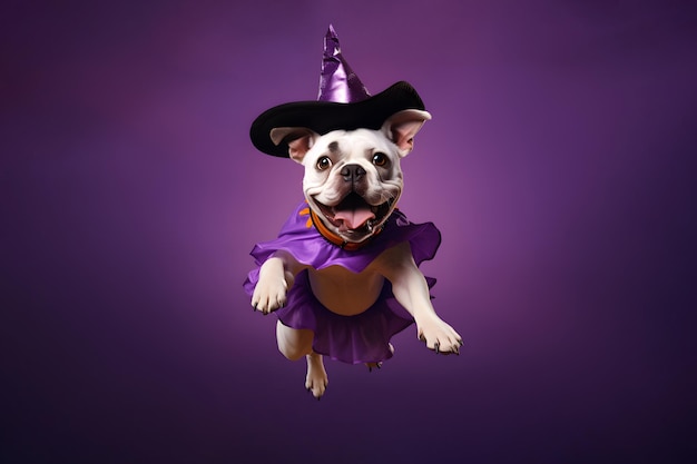 Cane vestito per Halloween Bulldog francese che salta e sorride sullo sfondo di colore viola