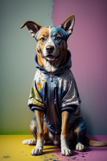 Cane vestito seduto sotto il muro di sfondo colorato carino carta da parati fotografica HD