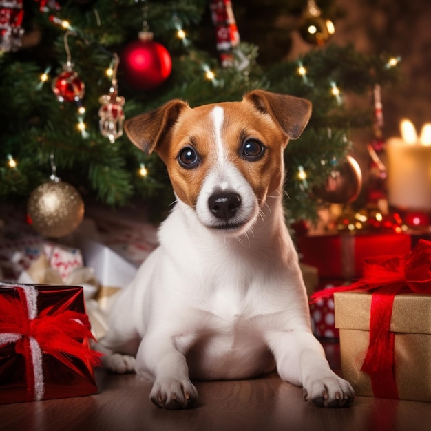 Cane vicino all'albero di Natale a casa