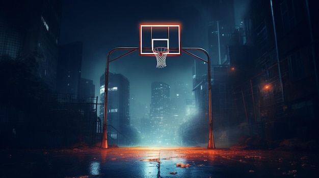 canestro da basket luminoso nella competizione del paesaggio urbano scuro