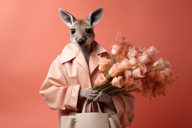 Canguro carino con un bouquet di fiori e una borsa su uno sfondo di colore rosa chiaro