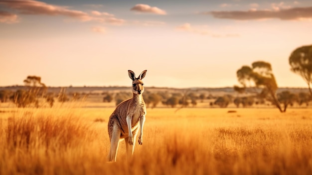 Canguro di fotografia naturalistica con sfondo naturale nella vista del tramonto Immagine generata da AI