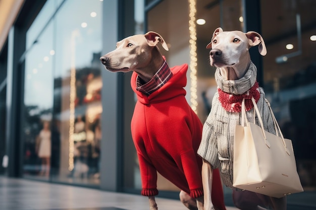 Cani antropomorfi simili agli umani che indossano abiti umani e fanno acquisti con borse