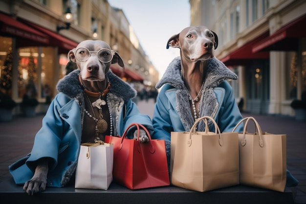 Cani antropomorfi simili agli umani che indossano abiti umani e fanno acquisti con borse
