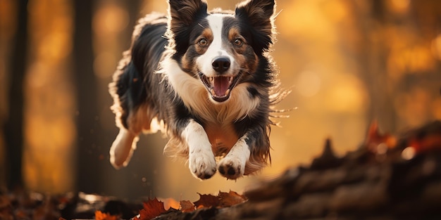 cani border collie in un salto nella foresta autunnale foto di alta qualità AI generativa