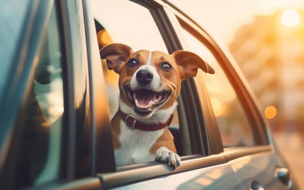 Cani che buttano la testa fuori da un finestrino di auto AI