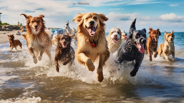 cani che corrono nell'acqua sulla spiaggia con la bocca aperta