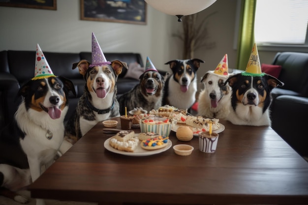 Cani che festeggiano il compleanno con dolcetti e cappellini da festa