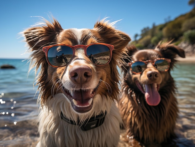 cani con gli occhiali da sole sullo sfondo della spiaggia IA generativa