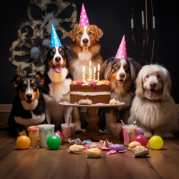 cani con i cappelli da festa e torte di compleanno sul pavimento