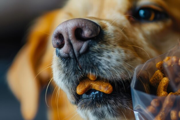 Cani con il naso chiuso che annusano cibo secco in un sacchetto di dolcetti AI generativa