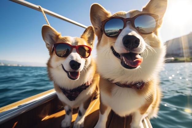 Cani corgi umoristici che indossano occhiali da sole che si divertono generativo Ai