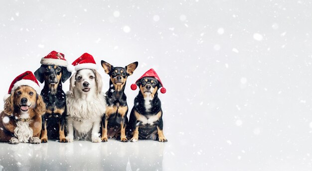 Cani di razze diverse che indossano cappelli di Babbo Natale su uno sfondo chiaro