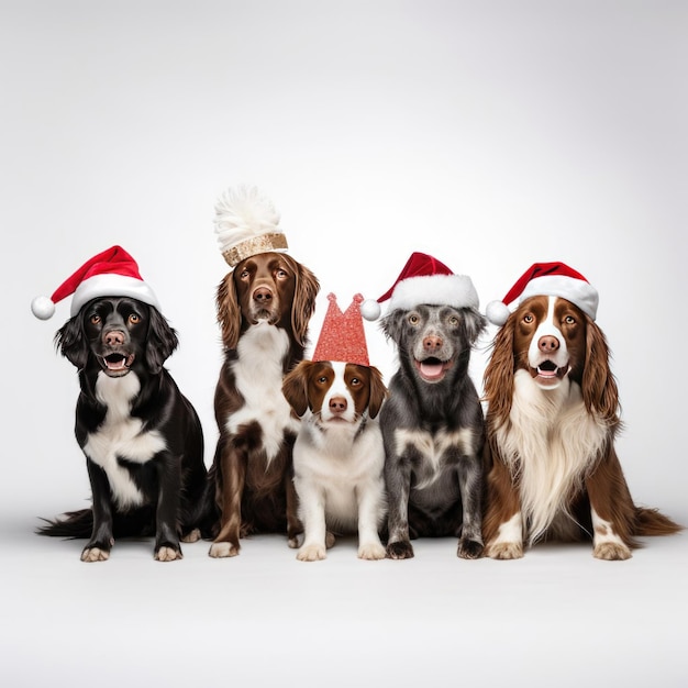 Cani di razze diverse che indossano cappelli di Babbo Natale su uno sfondo chiaro