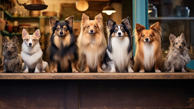 Cani di razze diverse seduti insieme sfondo sfocato