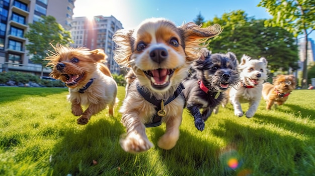 Cani felici che corrono verso la telecamera IA generativa