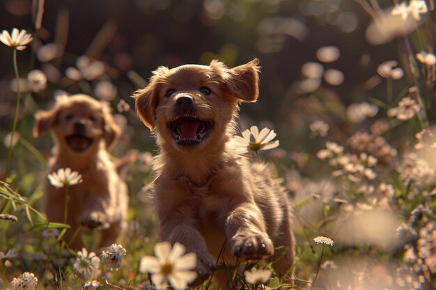 Cani giocosi che giocano in un campo di fiori