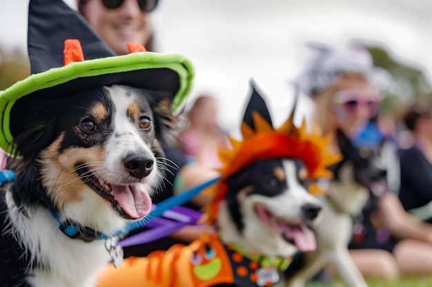 Cani in costume con i proprietari alla parata degli animali domestici