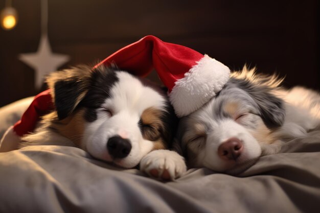 Cani natalizi che indossano cappelli natalizi nella stanza ai generativa