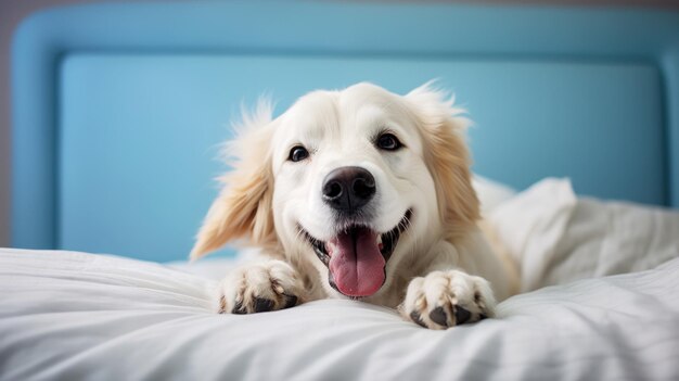 Cani su un letto sta sorridendo da vicino umoristico