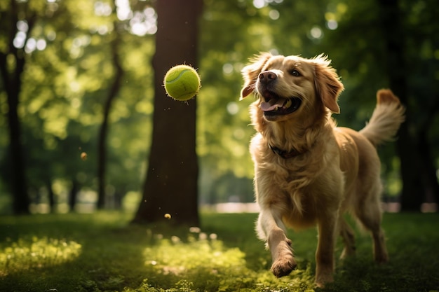 Canino che si diverte a prendere in un parco verdeggiante AI