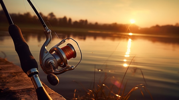canna da pesca sullo sfondo del lago attrezzi da pesca IA generativa