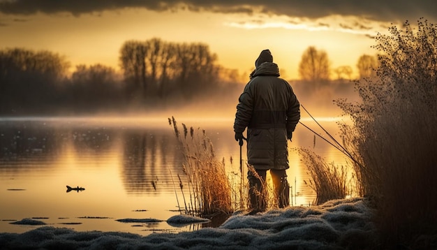 Canna da pesca sullo sfondo del lago IA generativa