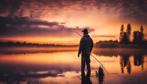 Canna da pesca sullo sfondo del lago IA generativa