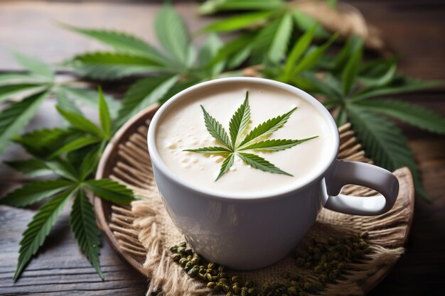 Cannabis Cappuccino caffè con canapa latte schiuma foglia di marijuana su sfondo di legno rustico