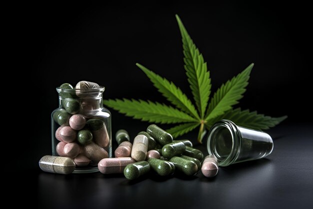 cannabis medica e pillole su un tavolo vicino upgenerative AI