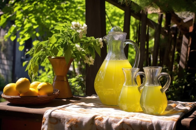 Canne illuminate dal sole di limoncello fatto in casa su un tavolo da giardino creato con ai generativi