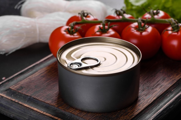 Canned delicious fresh tuna in oil with salt and spices in a tin can
