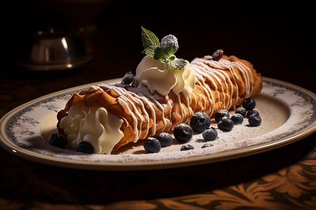 Cannoli siciliani deliziosi con la silhouette del paesaggio costiero