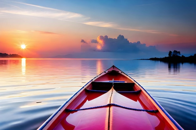 Canoa sullo specchio d'acqua con cielo azzurro e rosa Generativo ai