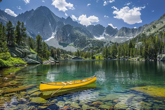 Canoe giallo su un lago di montagna limpido