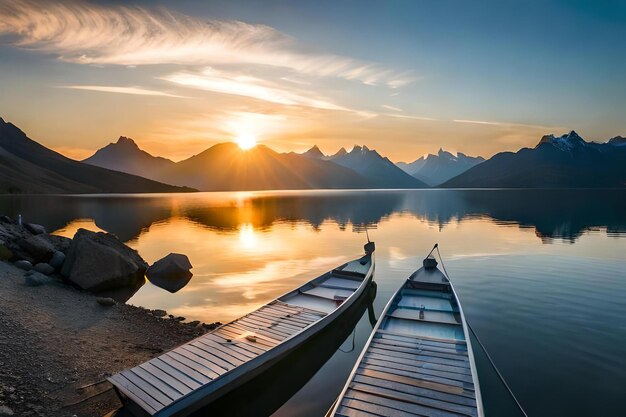 Canoe su un lago con le montagne sullo sfondo