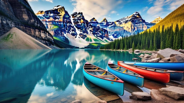 Canoe su un molo al Moraine lake Banff national park nelle Montagne Rocciose Alberta Canada