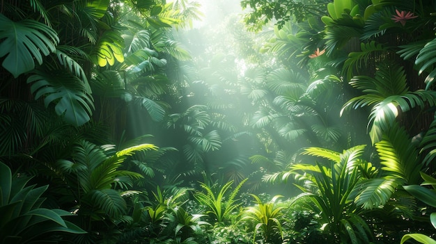 Canopy di foresta pluviale tropicale con fogliame vibrante e fauna selvatica esotica AI generativa