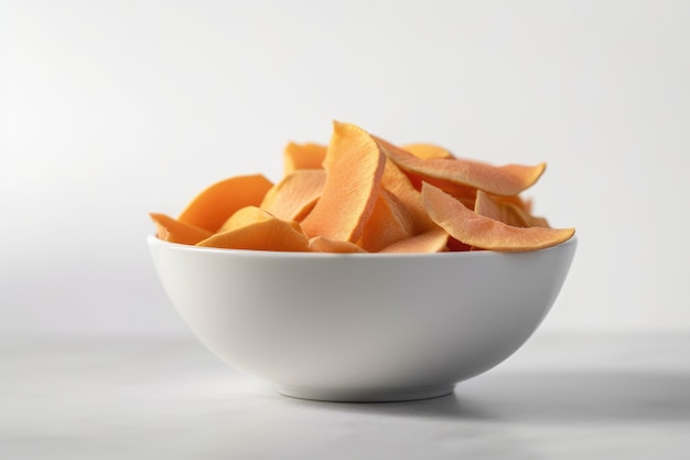 Cantalupo essiccato in una ciotola bianca su sfondo bianco IA generativa