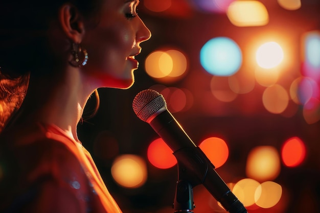 Cantante femminile che canta in un microfono Luci bokeh colorate sullo sfondo AI generativa