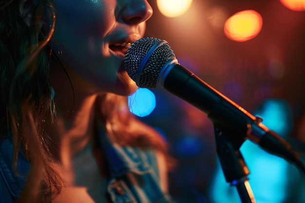 Cantante femminile che canta in un microfono Luci bokeh colorate sullo sfondo AI generativa