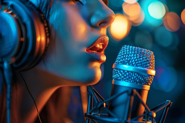 Cantante professionista podcast streamer radio intervista con microfono registrazione voce cantando in