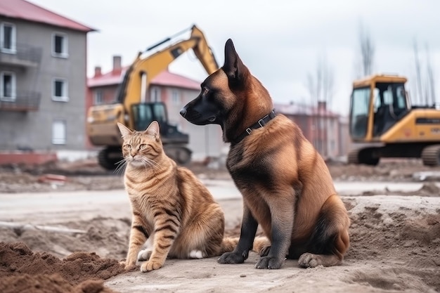 Cantiere con cane e gatto che lavorano insieme per costruire una nuova casa creata con l'IA generativa