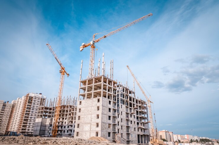 Cantiere con gru sullo sfondo del cielo.