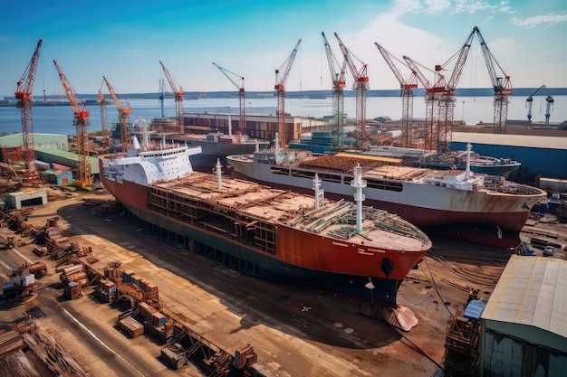 Cantiere con navi di varie dimensioni in costruzione e riparazione