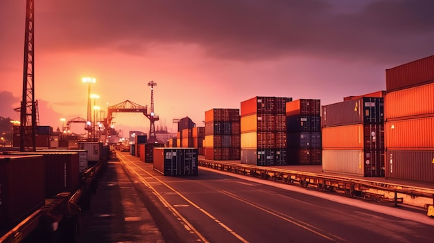 Cantiere industriale per container per attività logistiche di importazione ed esportazione e carrelli elevatori Concetto di settore di importazione ed esportazione