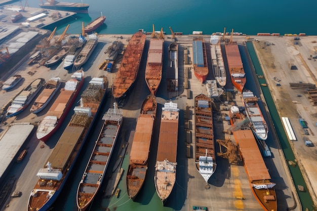 Cantiere moderno con decine di navi in costruzione viste dall'alto